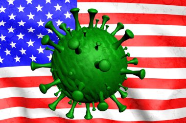 Coronavirus. Virüsün bir parçacığı ABD bayrağının arka planına karşı. 3 Boyutlu Hazırlama.