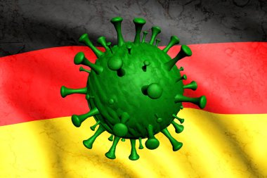 Coronavirus. Virüsün bir parçacığı Almanya bayrağının arka planına karşı. 3 Boyutlu Hazırlama.