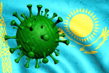 Coronavirus. Kazakistan bayrağının arka planına karşı bir virüs parçacığı. 3 Boyutlu Hazırlama.