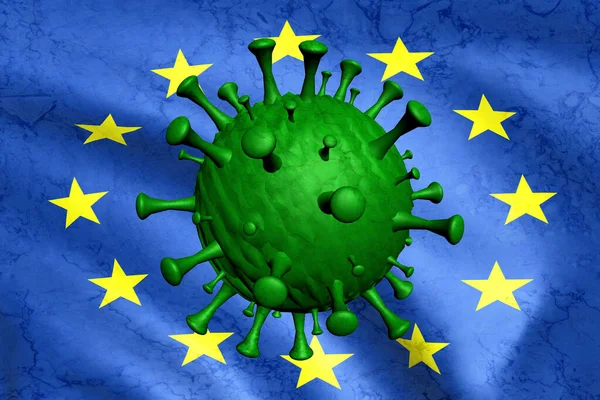 Coronavirus. One particle of virus against the background of the flag of the European Union. 3D render.