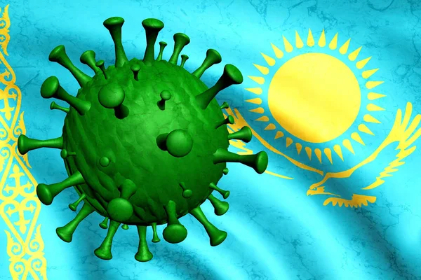 Coronavirus. Kazakistan bayrağının arka planına karşı bir virüs parçacığı. 3 Boyutlu Hazırlama.