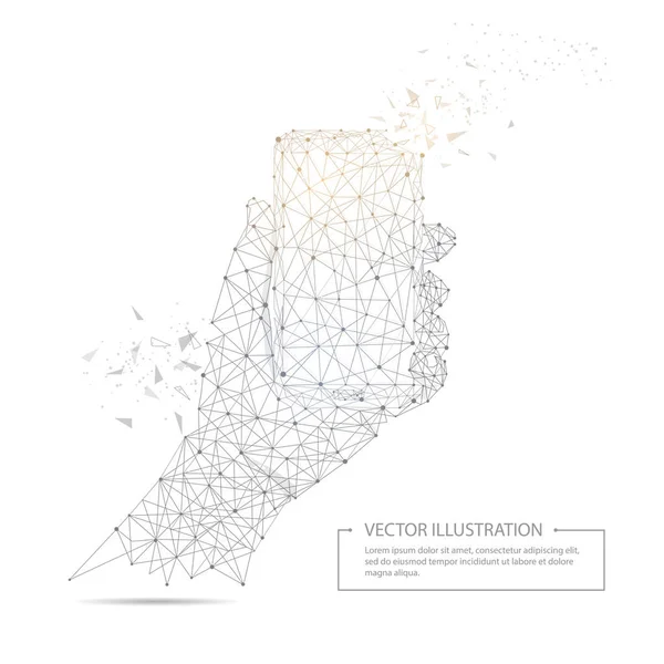 Main tirée numériquement tenant un téléphone intelligent noir bas cadre en fil poly — Image vectorielle