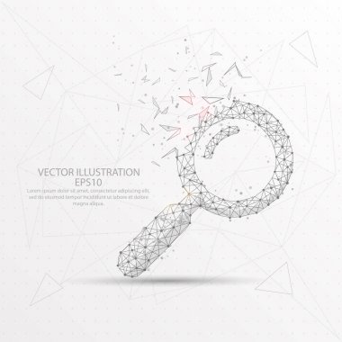 Büyüteç camı dijital olarak düşük Poli üçgen tel çerçeve çizilmiş.