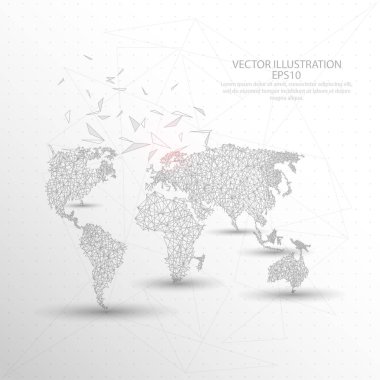 Dünya Haritası dijital olarak düşük Poli üçgen tel çerçeve çizilmiş.