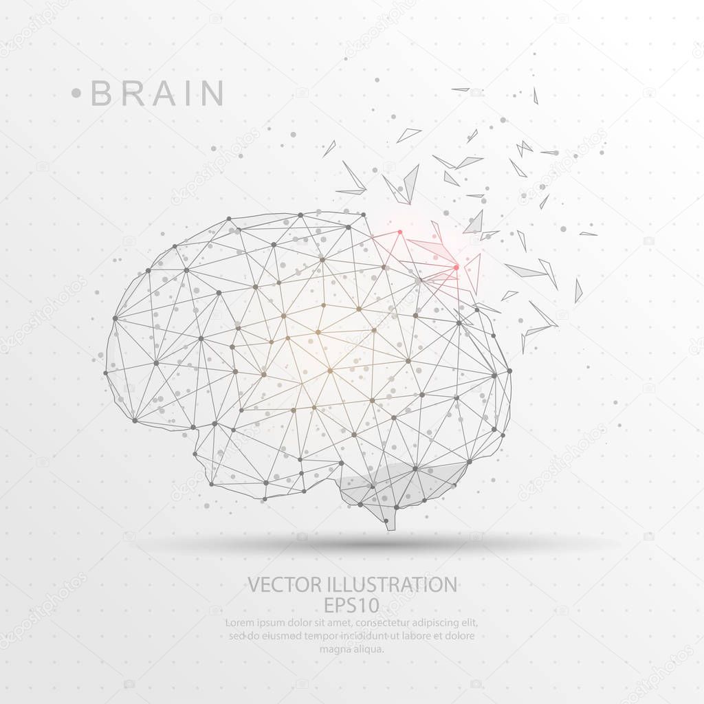 Brain shape digitally drawn low poly wire frame.