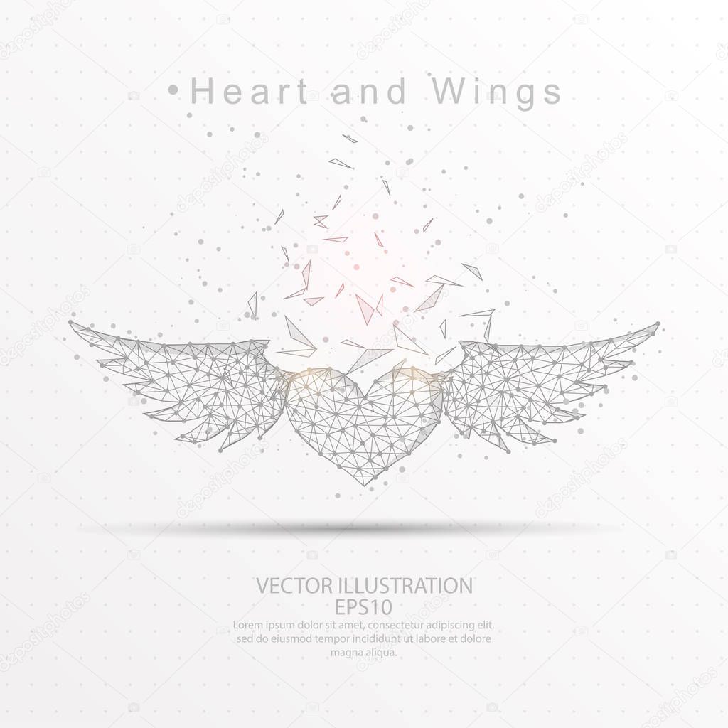 Heart and wings digitally drawn low poly wire frame.
