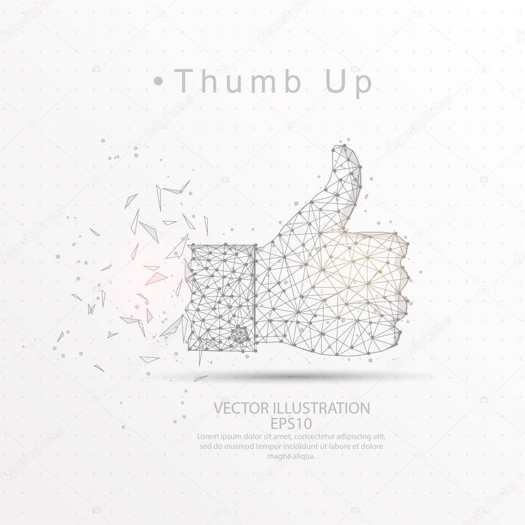 Thumb up shape digitally drawn low poly wire frame.