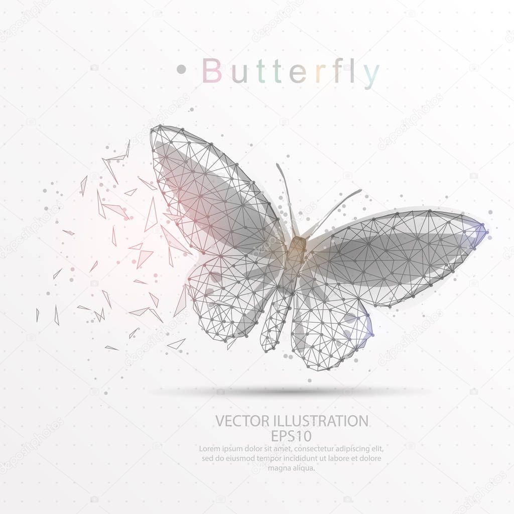 Butterfly digitally drawn low poly triangle wire frame.