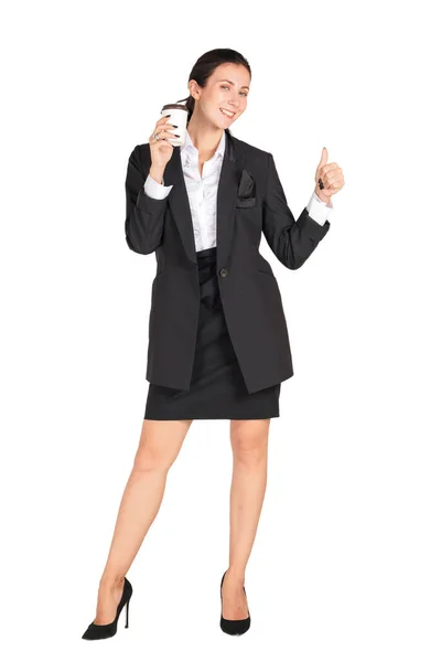 Young Women Black Suit Smile Holding Cup Coffee Portrait White — Stock Photo, Image