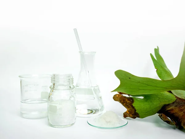 Kosmetische Chemische Zutat Auf Weißem Labortisch Kaliumchlorid Cetylesterwachs Alkohol — Stockfoto