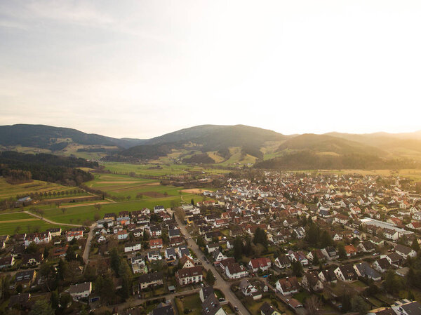 Aerial view of landmark with town and hills with backlit, Germany