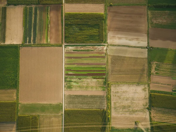 Vue aérienne des champs agricoles verts avec ligne électrique, europe — Photo de stock