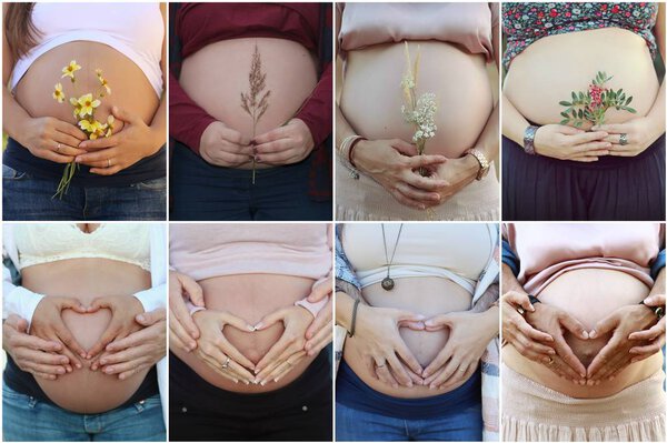 Collage of pregnant mothers, chubby bellies with flowers and hearts