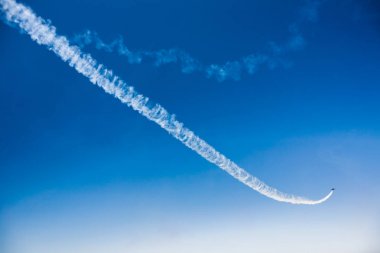 Bir grup savaşçı açık güneşli bir askeri uçak profesyonel pilotlar hileler mavi gökyüzünde bulutlar güzel izler bırakarak farklı yönlere dağınık gösterir.