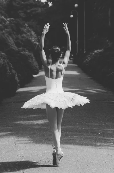 Black White Photo Ballerina Posing Hands Together Park — Stock Photo, Image