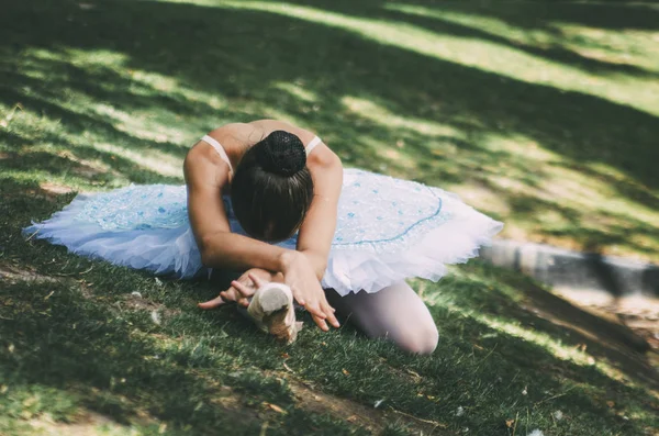 Ballerina Poseren Het Park Een Jurk Het Groene Gras — Stockfoto