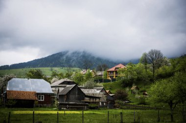 sis ahşap evler oteller Pansiyonlar ve ağaçları ile çim yeşil vadi ile dağlarda