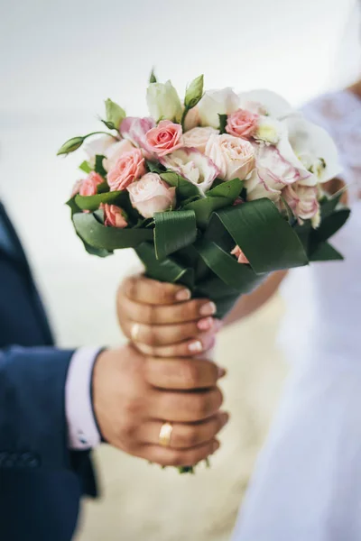 Bride Groom Taking Pink Beige Lilac Flowers Bouquet Two Hands — Stock Photo, Image