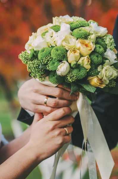 Bride Groom Taking White Yellow Green Flowers Bouquet Two Hands — Stock Photo, Image