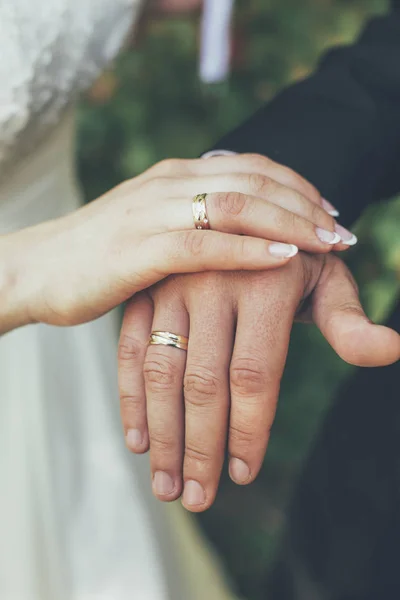 Brudgummen Händer Med Gyllene Ringar Skogen — Stockfoto