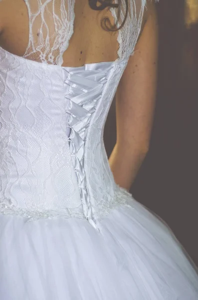 Corset Bruid Witte Bruiloft Jurk Donkere Achtergrond — Stockfoto