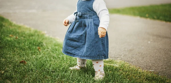 Menina Pequena Jeans Vestido Grama Verde Branco — Fotografia de Stock