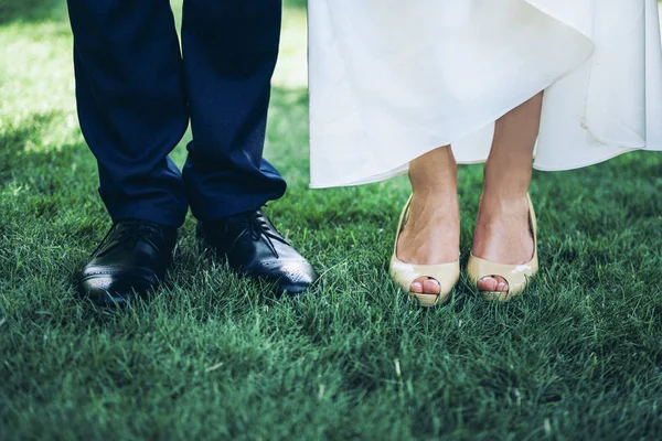 Sposi che soggiornano sulla coppia erba — Foto Stock