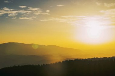 ağaçlar ve sarı gökyüzü ile dağlarda günbatımı sis
