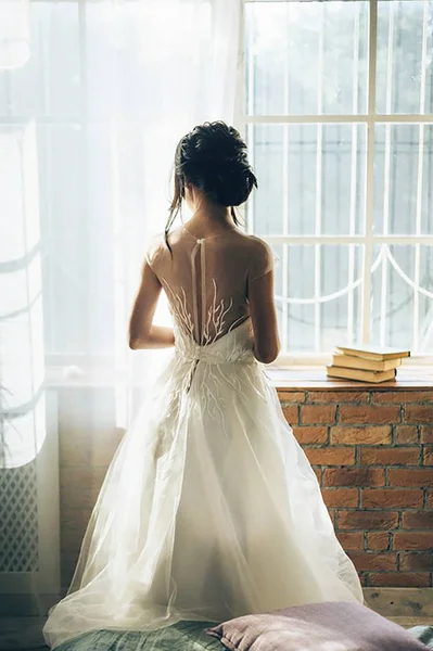 Bride White Wedding Dress Staying Window — Stock Photo, Image