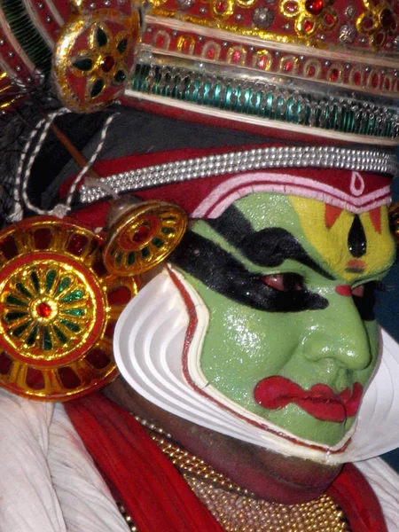 Kochi Kerala Índia Agosto 2004 Kathakali Dançarina Rosto Close Kathakali — Fotografia de Stock