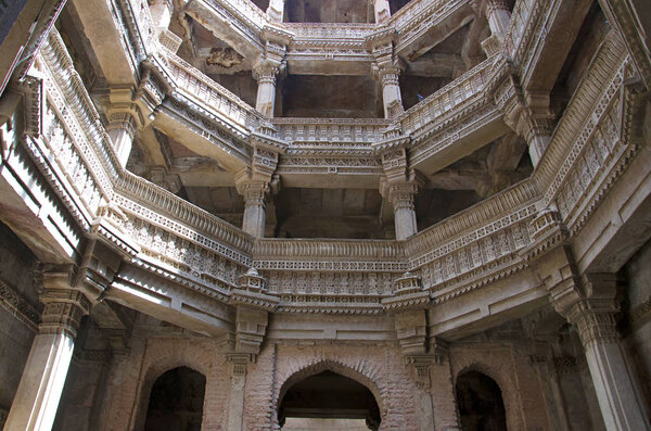 Inner view of Adalaj Ni Vav (Stepwell) or Rudabai Stepwell. Built in 1498 by Rana Veer Singh is five stories deep. Ahmedabad, Gujarat, India