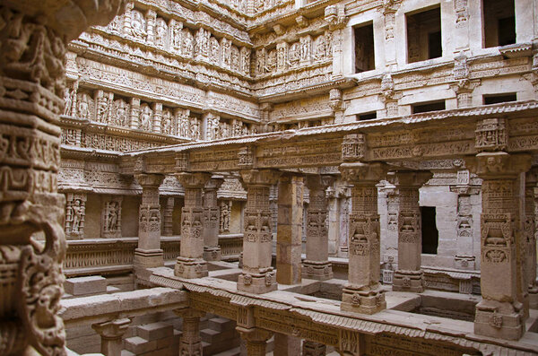 Inner view of Rani ki vav, an intricately constructed stepwell on the banks of Saraswati River. Patan, Gujarat, India
