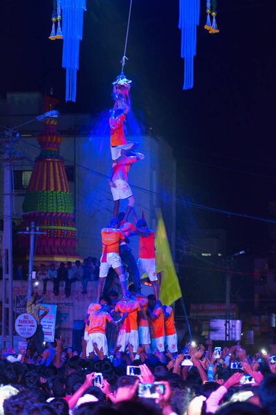 PUNE, MAHARASHTRA, INDIA, August 2016, Human pyramid breaks dahi handi on janmashtami festival, Pune Stock Image