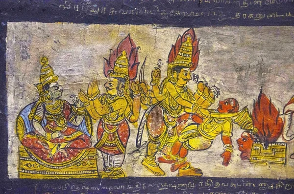 Kolorowe malowidła na suficie ścianie świątyni Brihadishvara, Thanjavur, Tamil Nadu, Indie — Zdjęcie stockowe