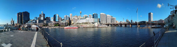 Panoramic view of Sydney harbour from under Harbour bridge, Sydney, NSW, Australia