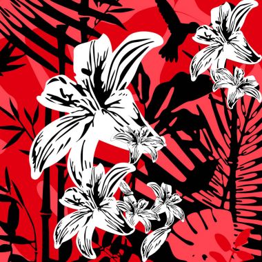 Kırmızı egzotik çiçekler, avuç içi yaprak. tropikal egzotik plumeria çiçek ve bitki. Grafik bitki palmiye yaprağı tropikal. İnanılmaz çiçek allover desenle, büyük güzel vintage çiçek. egzotik çiçekler, avuç içi yaprak kırmızı arka plan