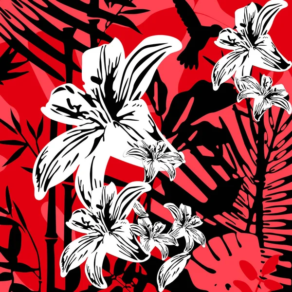 Red exotic flowers, palms leaf. tropical exotic plumeria flowers and plants. Graphic plant palm leaf tropical.Amazing floral allover pattern, with large beautiful vintage flower. exotic flowers, palms leaf red background