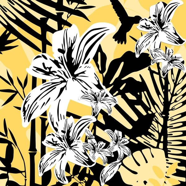 Yellow exotic flowers, palms leaf. tropical exotic plumeria flowers and plants. Graphic plant palm leaf tropical.Amazing floral allover pattern, with large beautiful vintage flower. exotic flowers, palms leaf yellow background