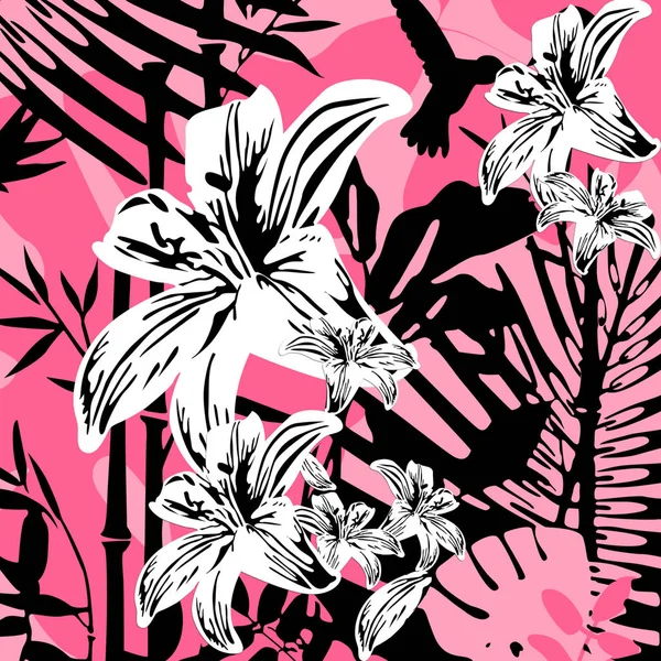 tropical exotic plumeria flowers and plants. Graphic plant palm leaf tropical.Amazing floral allover pattern, with large beautiful vintage flower. exotic flowers, palms leaf pink background