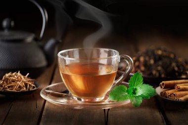 fincan çay çaydanlık, nane ve baharatlar