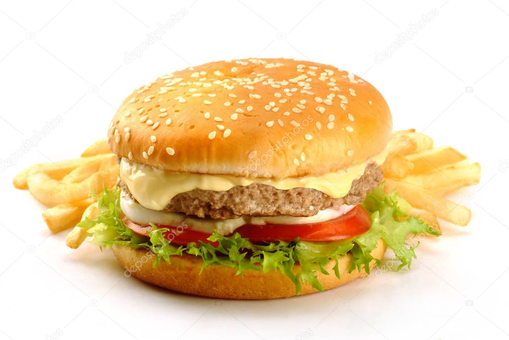 sandwich with burger, mayonnaise, cheese, tomatoes, salad and chips