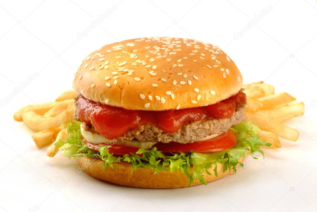 sandwich with burger, mustard, cheese, tomatoes, salad and chips
