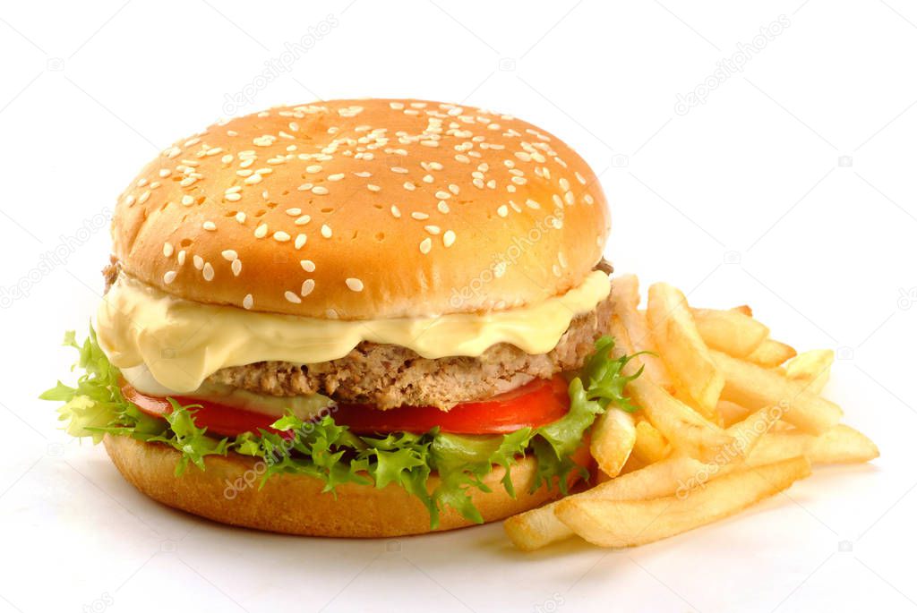 sandwich with burger, mayonnaise, cheese, tomatoes, salad and chips