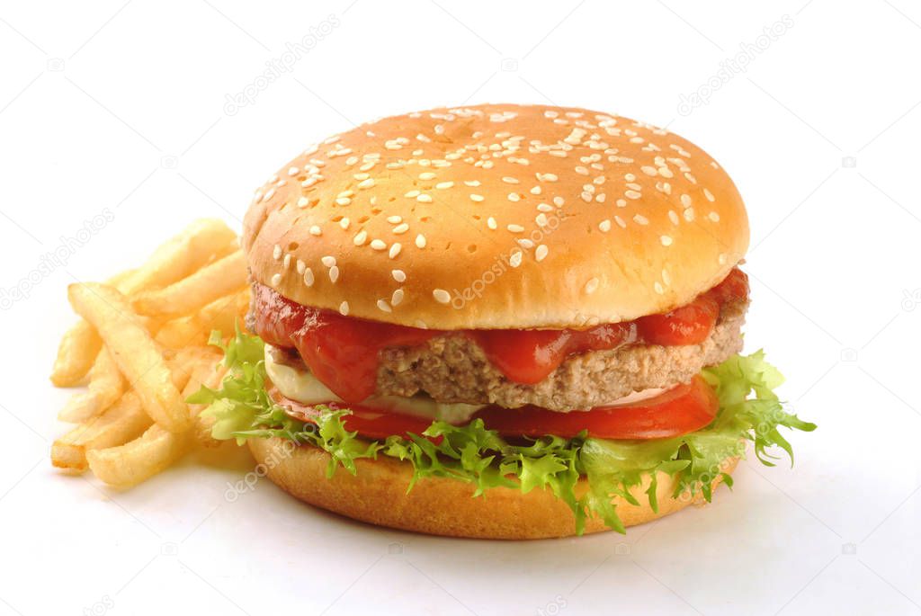 sandwich with burger, cheese, tomatoes, salad and chips  