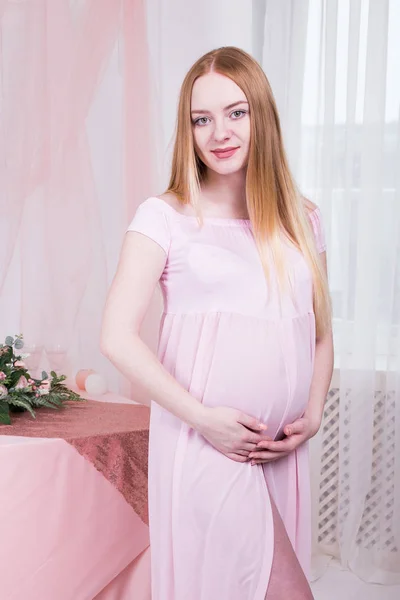 Pregnant Woman Touching Her Belly Smiling Woman Body Pregnancy Pink — Stock Photo, Image