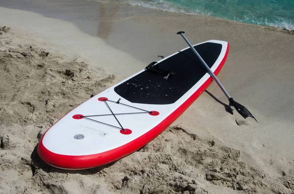 Sup board on sand by the sea, paddle board with sea background,