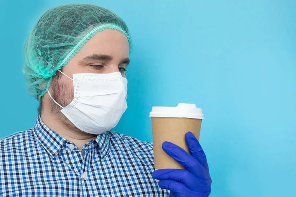 Exhausted Doctor Plastic Coffee Cup Wearing Coronavirus Protective Mask Uniform — Stock Photo, Image