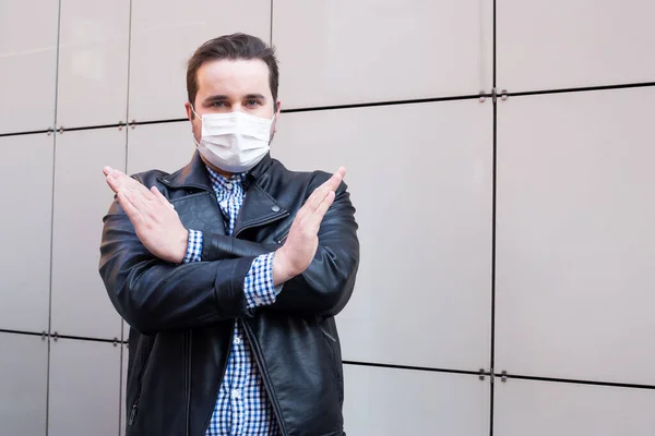 Stop panic, stay home. Man in medical mask, health care concept. coronavirus quarantine.