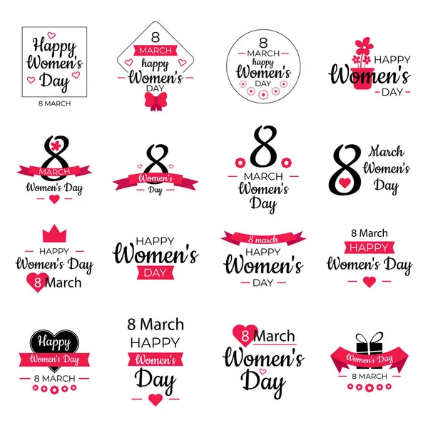 Glücklich März Frauentag Plakate Set Logos Und Aufkleber Text Design — Stockvektor