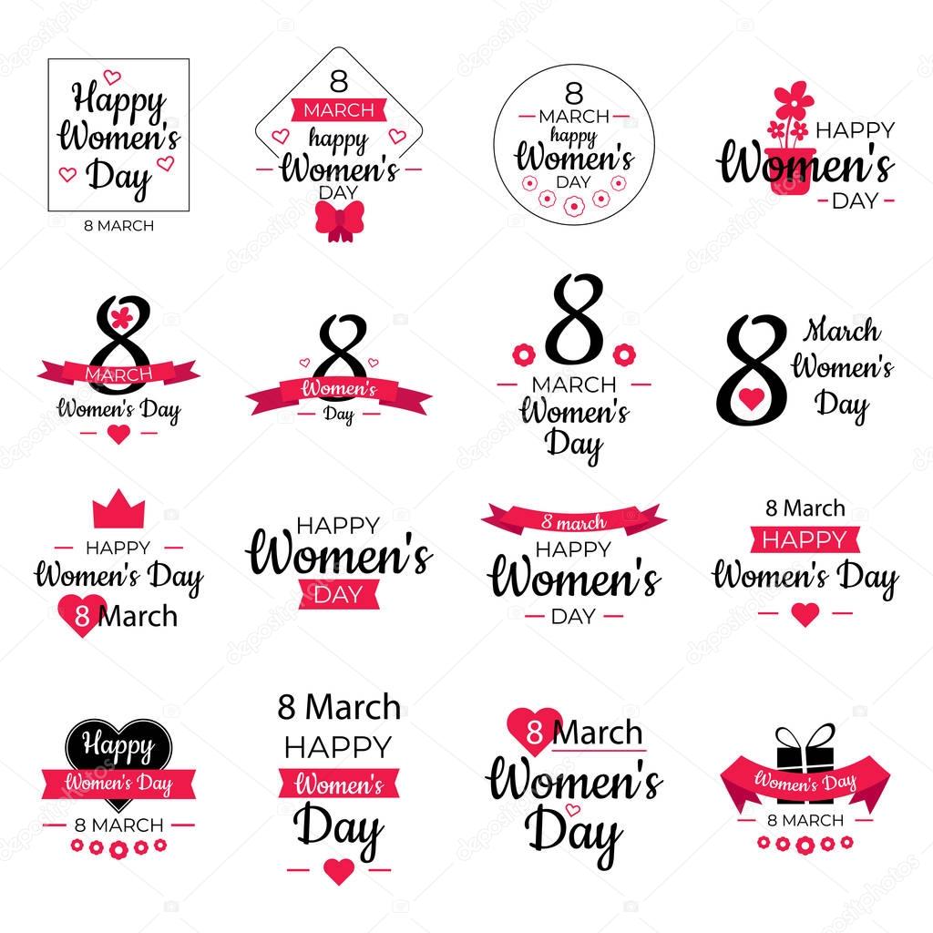 Happy 8 March Women Day posters set, logotypes and stickers, text design. Usable for banners, invitations, greeting cards, gifts. Vector illustration eps 10